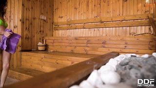 Perspiring super-bitch in the sauna