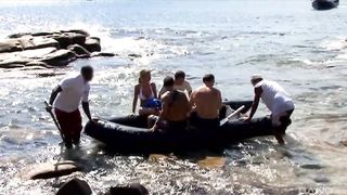 Towheaded group-porked on the shore