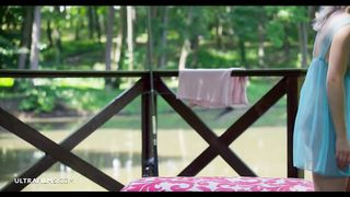 Fisherwoman disrobes bare outdoors