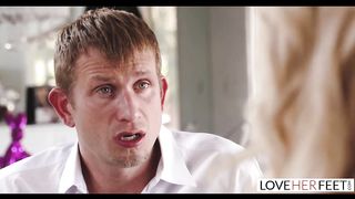 Provocative blondie cougar took off her boots and gave a feetjob to her wonderful paramour