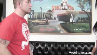 Ponytailed dark-haired knows how to have joy with a stud and use a bit of intensity