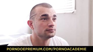 Tina Kay is deep throating her manager's spear like a professional, while getting screwed from the back