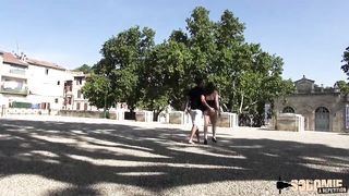 Trampy brown-haired with yam-sized globes is dressed in a taut, ebony sundress and having fucky-fucky with 2 boys