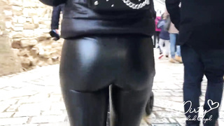 Sweet Bum in Cock-Squeezing Leather Stretch Pants Ambling along the Coast Town