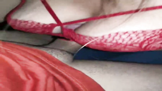 Molten lady in glamour, crimson undergarments is pleasuring her sonny's acquaintance with her sensitized arms