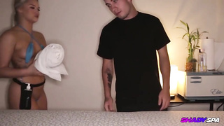 Johnny Blaster is getting a deep, voluptuous suck off from a smoking steaming platinum-blonde, in a rubdown parlour