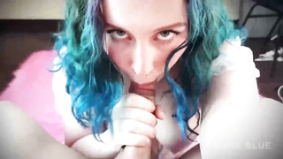 Sultry stunner with blue hair is deepthroating a rock rock-hard prick in a POINT OF VIEW fashion, for free-for-all