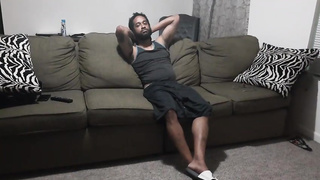 Tatted blond honey with huge, stiff hooters is railing a XXL, black trouser snake on the couch