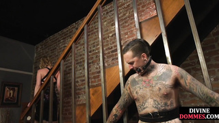 Strict femdom whipping and pegging pathetic sub