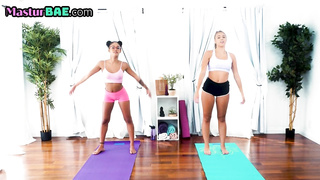 Ebony yoga lesbian stretches before scissoring