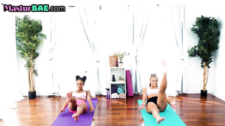 Ebony yoga lesbian stretches before scissoring