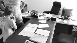 The chief pulverizes his lil' assistant on the office table and films it on covert camera