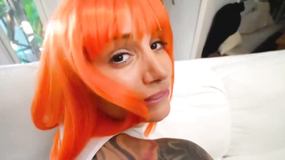 Good-Sized booty honey with orange hair is throating a rock rock-hard manhood and getting it from behind