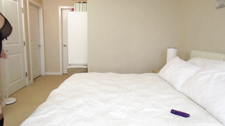 Ambitious dark haired with large, rigid boobies is posing in softcore underwear, before draining a bit