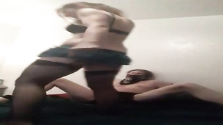 Gorgeous doll in black, softcore stocking and a mini micro-skirt is punching her paramour's ball sack