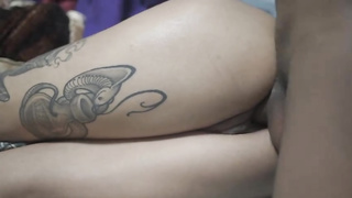 Tattooed honey with a yam-sized, chubby backside, Violet is squealing while getting nailed, late at night