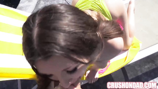 Ponytailed college girl, Maya Woulfe is pulverizing her step- dad because she enjoys his rock firm lollipop