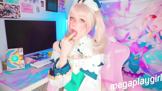 Barbara is throating a fake penis as if it was a real man rod, before milking with a wand