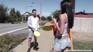 Infatuating black-haired is bellowing while getting fucked from the back in the nature, during the day