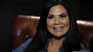 Huge-Boobed English brown-haired is dressed in glamour, white underwear while stretching her gams broad to get plowed