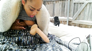 Huge-Chested female is fapping in the backyard while it's snowing and liking it a pile