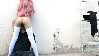 Honey with rosy hair is yelling while getting her cooter gobbled in a public place