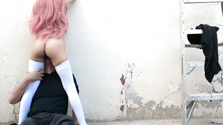 Honey with rosy hair is yelling while getting her cooter gobbled in a public place