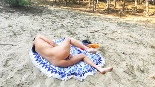 Bare VictoriaKai - Beautyful lean dark haired gals, solo outdoors in the forest, drilling with a fuck stick