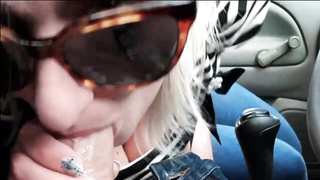 Filthy minded blond is providing a voluptuous fellatio to a insatiable fellow, in his truck