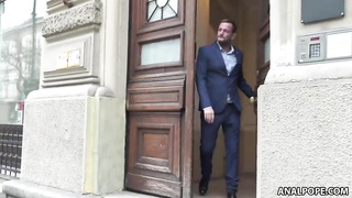 Spanish blondie is having ass-fuck fuck-a-thon with a fellow she has recently encountered, instead of working