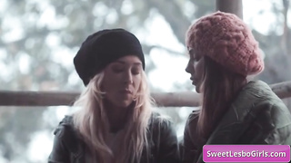 Sumptuous super hot lesbo honies Alexis Fawx, Cecilia Lion get bored in the mountain cabin and begin making out on the porch