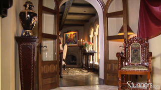 Warm dark haired with giant, stiff hooters is using a hump fucktoy while tugging on the tabouret