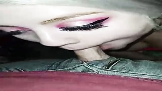 Huge-Boobed platinum-blonde is throating her fresh paramour's pecker while getting on all fours in front of him and luving it