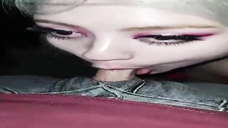 Huge-Boobed platinum-blonde is throating her fresh paramour's pecker while getting on all fours in front of him and luving it