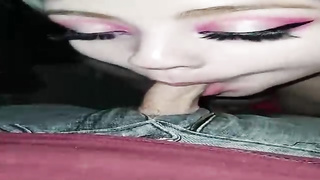 Huge-Boobed platinum-blonde is throating her fresh paramour's pecker while getting on all fours in front of him and luving it