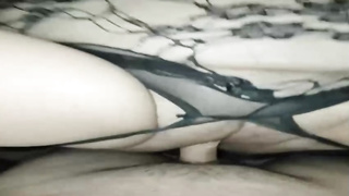 Round ash-blonde chick in glamour, black undergarments is getting screwed, in front of the camera