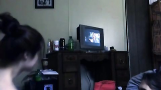 Infatuating teenager brown-haired with diminutive baps is poking her ex in front of the camera