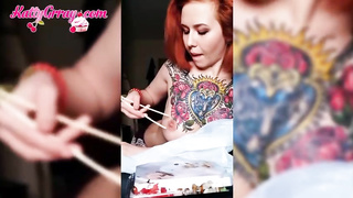 Inked babe with crimson hair is wringing her ultra-cute globes after gobbling in front of the camera