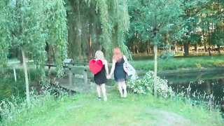 Crimson haired stunner is about to make love with a torrid towheaded, in the nature