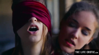 Blinded honey is squealing while her all girl friendis fondling her vag to make her jizm