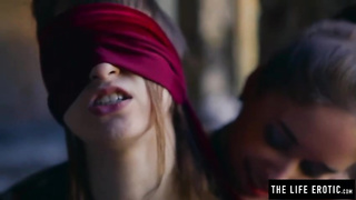 Blinded honey is squealing while her all girl friendis fondling her vag to make her jizm