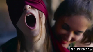 Blinded honey is squealing while her all girl friendis fondling her vag to make her jizm