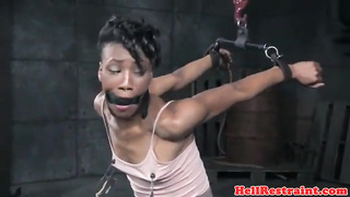 Ebony doll is bellowing from delectation while being bound up, taut and being coerced to jism