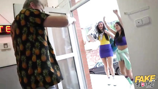 2 super-naughty nymphs are having a casual 3some in the hostel, with a random naughty fellow