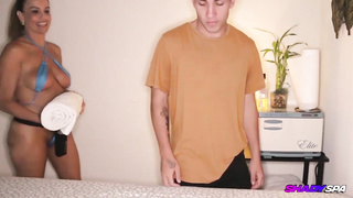 Karla is working in a local rubdown salon and oftentimes providing handjobs to her customers