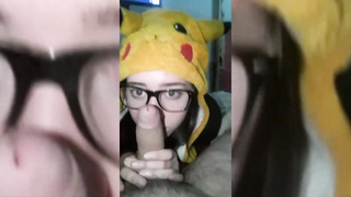 Trampy black-haired with glasses is gargling rod as deep as she can, just for joy