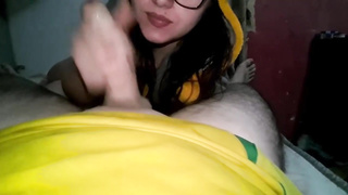 Trampy black-haired with glasses is gargling rod as deep as she can, just for joy