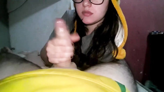 Trampy black-haired with glasses is gargling rod as deep as she can, just for joy