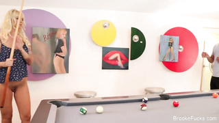 Thrilled ash-blonde female with humungous orbs is nailing her step- stepson next to the billiard table