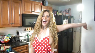 Sex-Positive light-haired doll with good-sized knockers is making pizza while dressed in nothing but the apron
